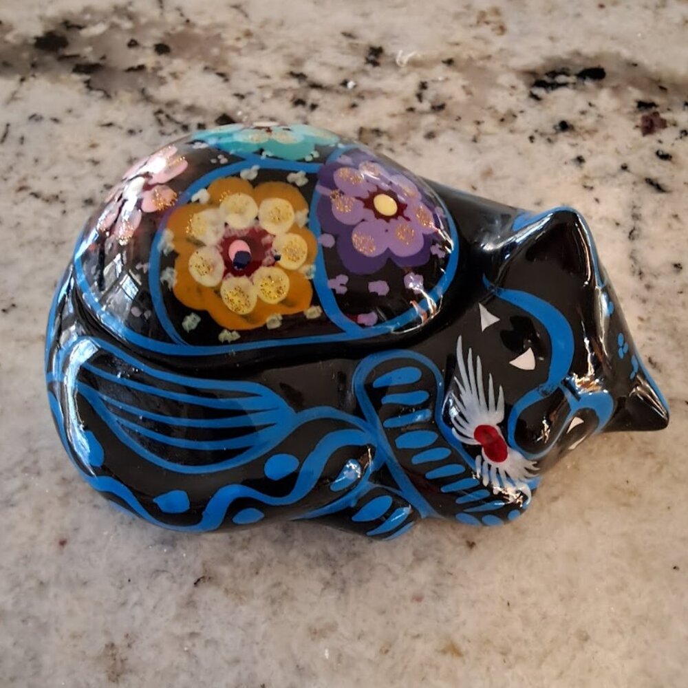 MEXICAN TALAVERA FOLK ART CAT FLOWERS CLAY POTTERY TRINKET BOX BLUE HANDPAINTED